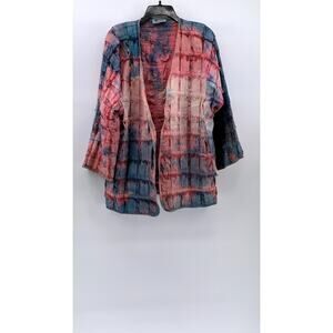 YAKMAGIK Women's Blue-Pink Textured Fringe Long Sleeve Open-Front Shirt SZ OS